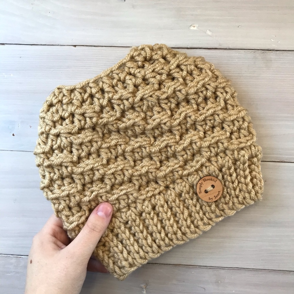 Beige Tan Adult Crochet Messy Bun Hat Beanie